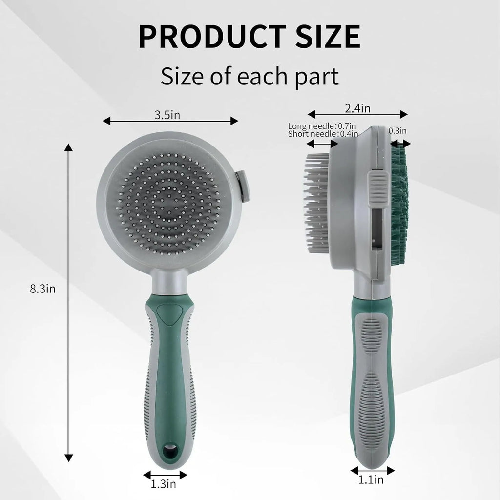 Green and pink two-sided silicone pet grooming brush with slicker brush and massage head on a white background