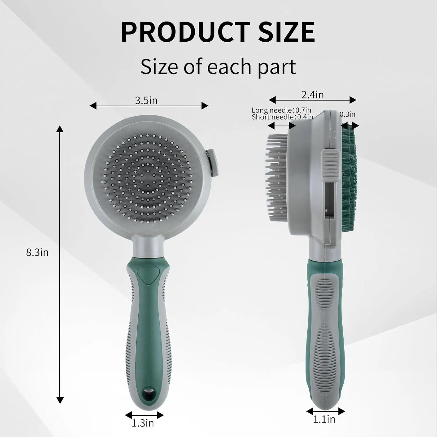 Green and pink two-sided silicone pet grooming brush with slicker brush and massage head on a white background