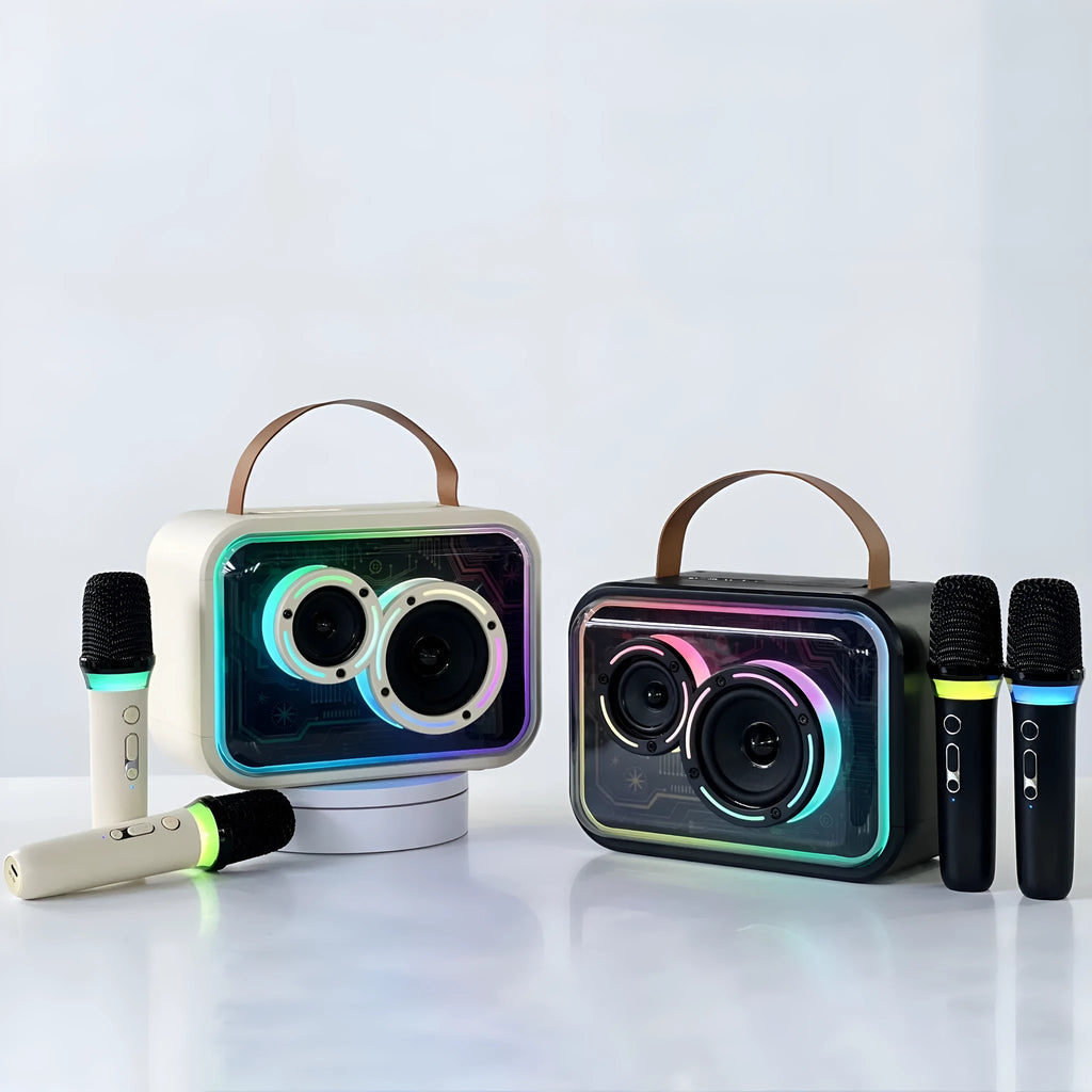 Light yellow portable Bluetooth karaoke speaker with colourful RGB lighting and microphone.