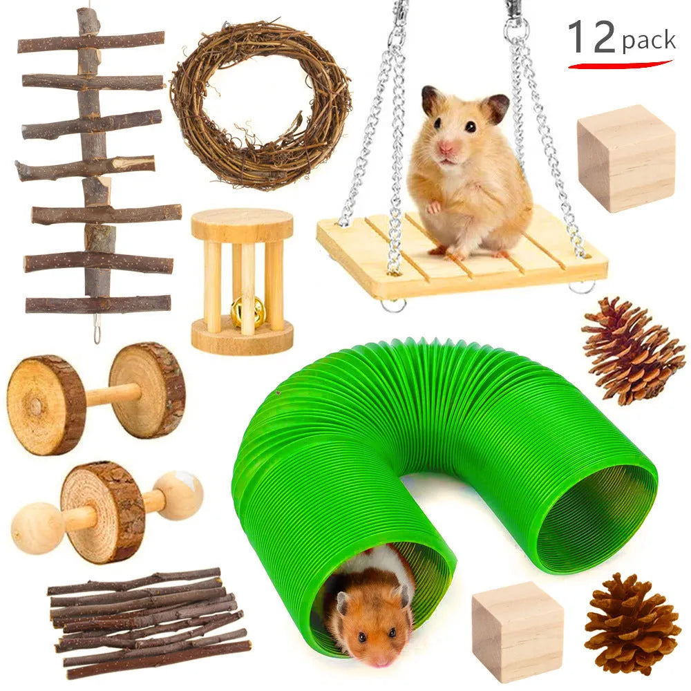Wooden toy combination set for rabbits, guinea pigs, and parrots with straw mattress and natural material balls