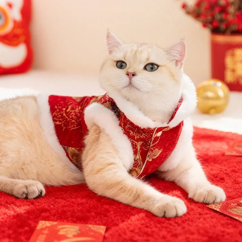 Chinese New Year pet vest with Chinese knot buttons, faux fur trim, and built-in leash ring in red or beige
