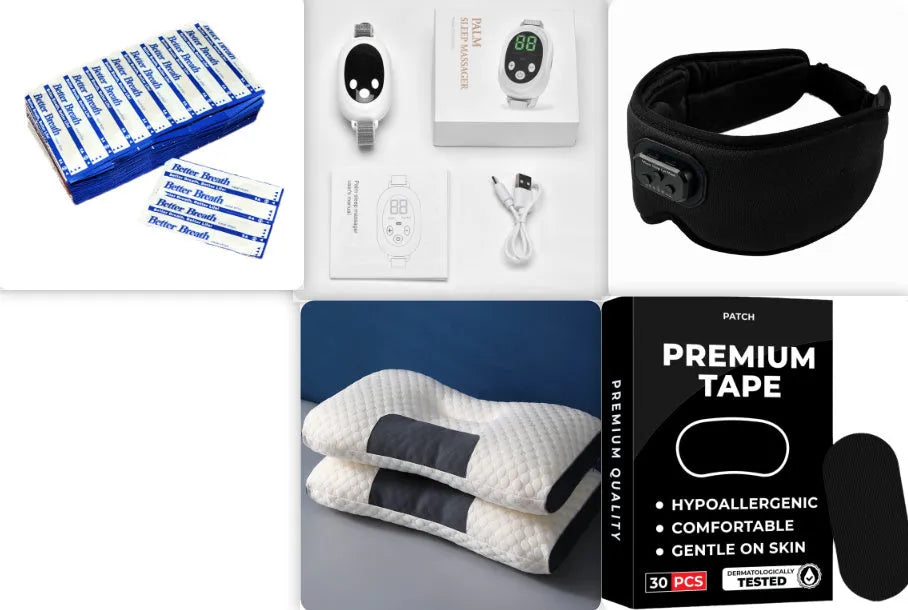White handheld sleep aid remote control with digital display, charging cable, and wearable sleep bracelet on a flat surface.