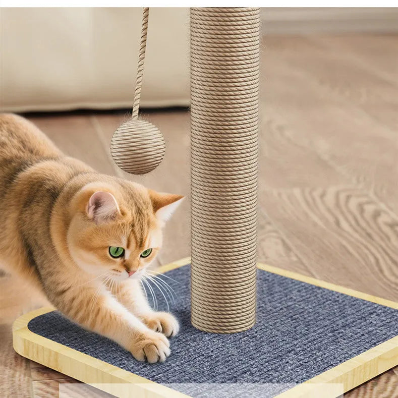 Windmill Hanging Ball Cat Climbing Frame, a 65cm tall pinewood tower with carpet leather and a dangling toy ball.