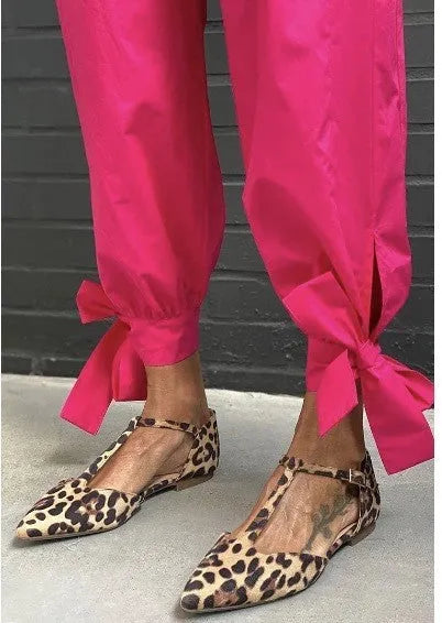 Women's leopard print pointed toe pumps with chunky low heel and cross ankle straps