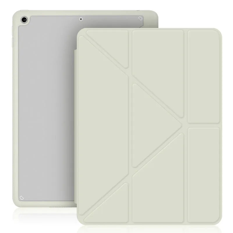 iPad foldable stand case in imitation leather with Y-fold design and Apple Pencil slot.