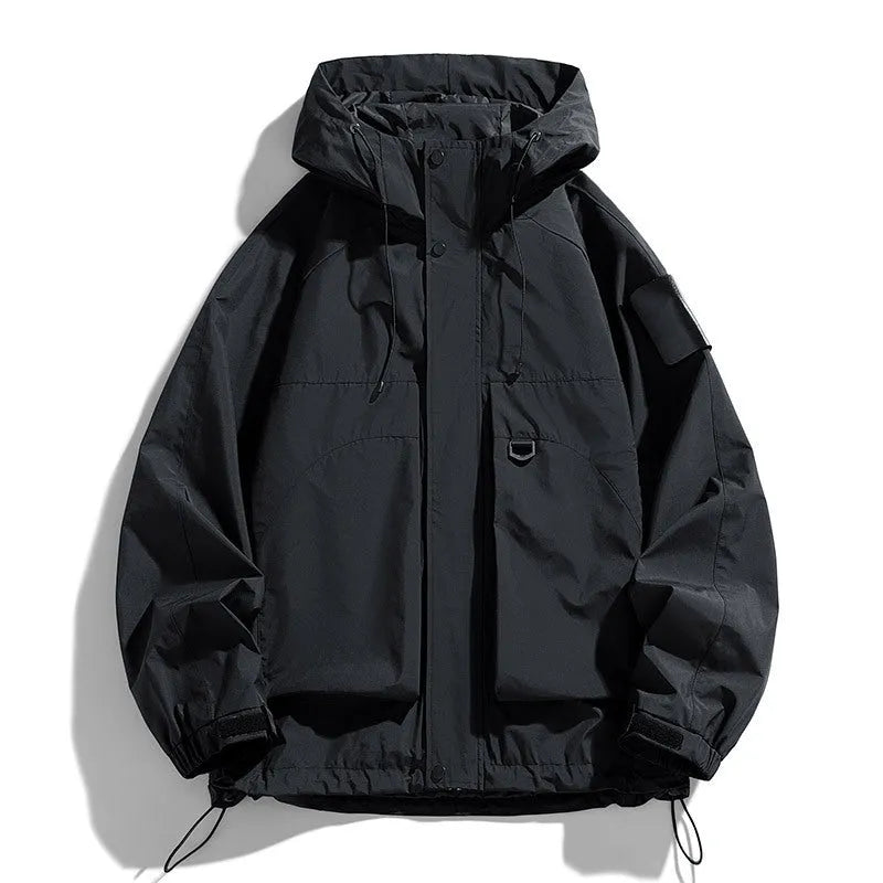Men's black hooded waterproof jacket with long sleeves in a regular length