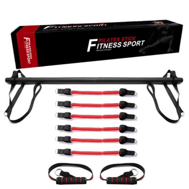 Pilates stick fitness set with black red foldable rod and two resistance bands for yoga and strength
