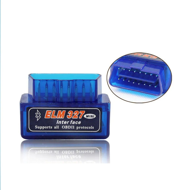 Compact dual-mode ELM327 OBD2 Bluetooth diagnostic scanner for vehicle fault codes.