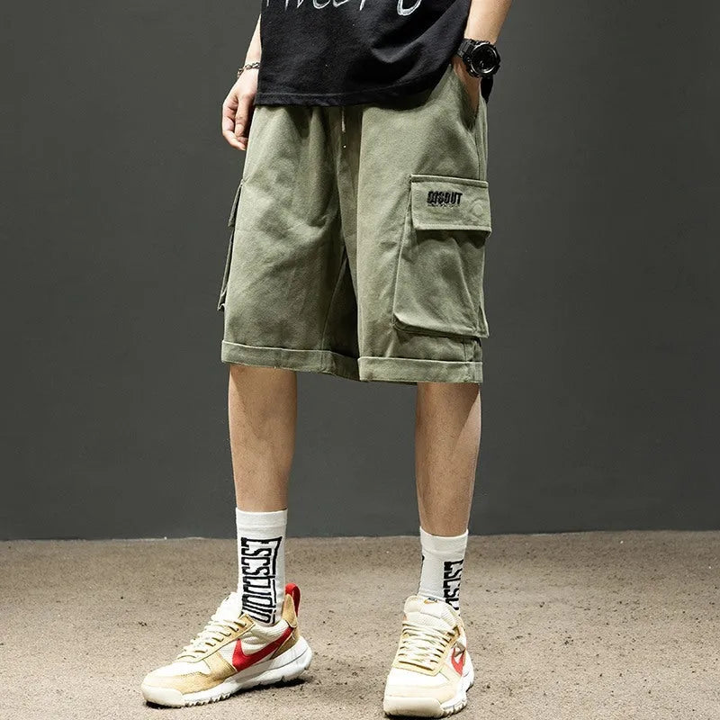 Men's cotton cargo shorts in khaki with multiple pockets and tie-cord front closure