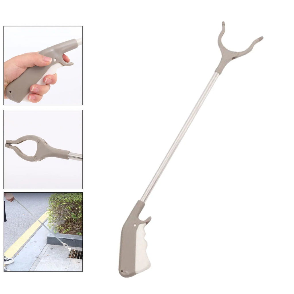 A 40 cm long stainless steel and plastic trash picker tool with a non-slip chuck and push-type handle.