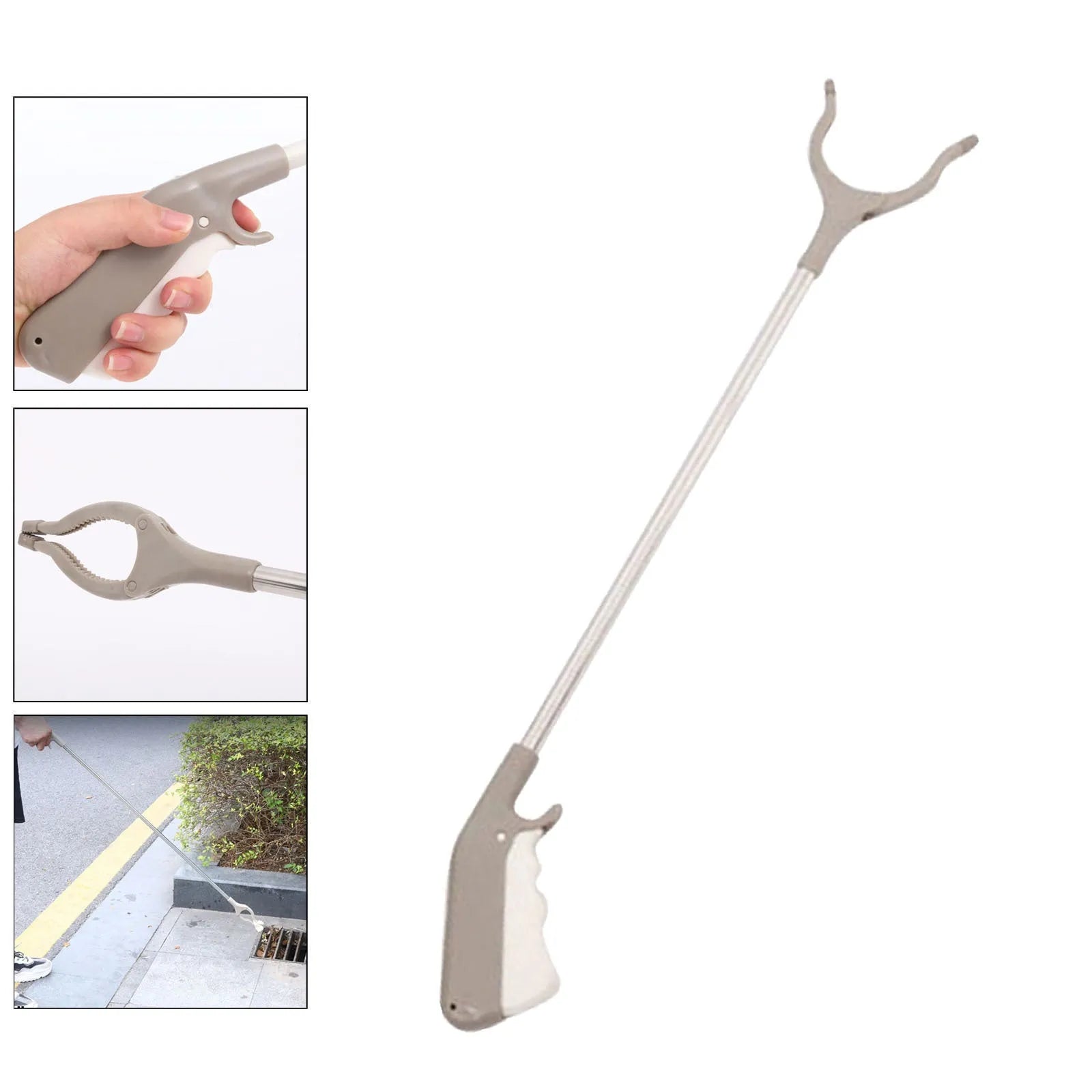 A 40 cm long stainless steel and plastic trash picker tool with a non-slip chuck and push-type handle.