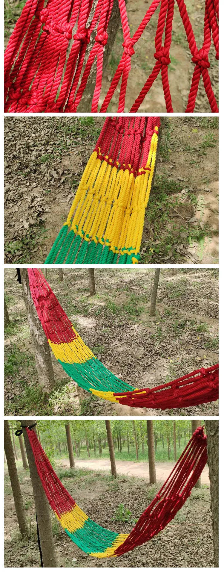 Nylon rope mesh hammock showing 1.1m width and woven construction for outdoor use
