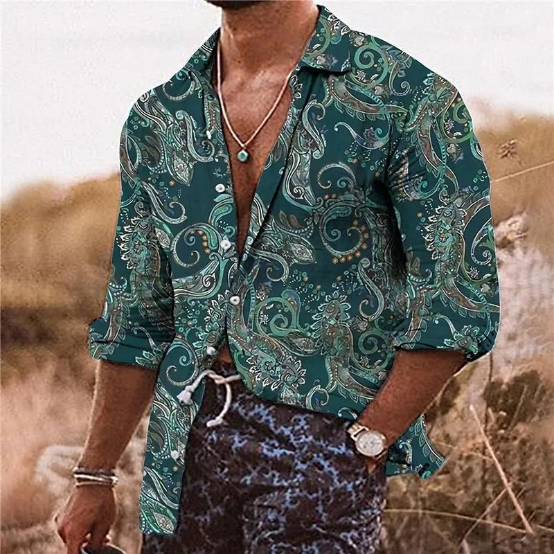 Man wearing a loose-fit long sleeve shirt with a detailed 3D floral print in a bohemian style.