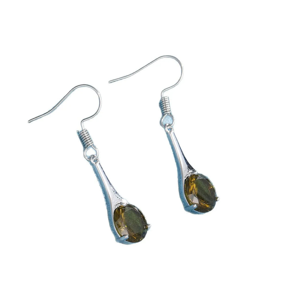 Olive green topaz coloured drop earrings with a water drop shape and retro style on a white background.