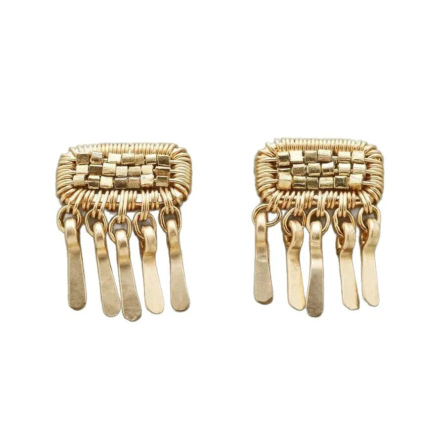 Handmade gold tassel earrings in 925 silver with geometric Longevity Lock shape for women