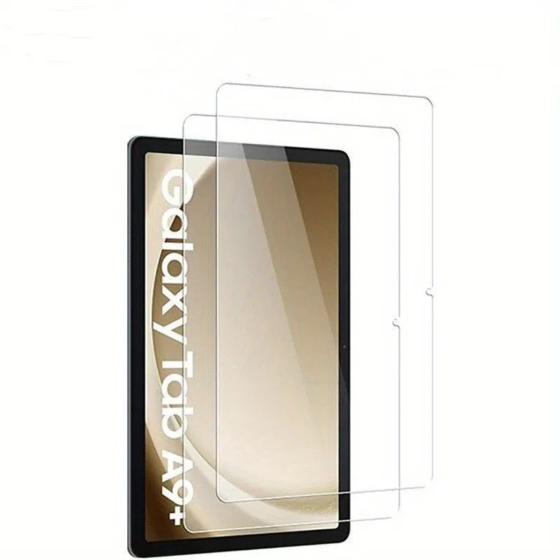 Samsung Galaxy tablet with HD tempered glass screen protector showing clarity and full coverage.