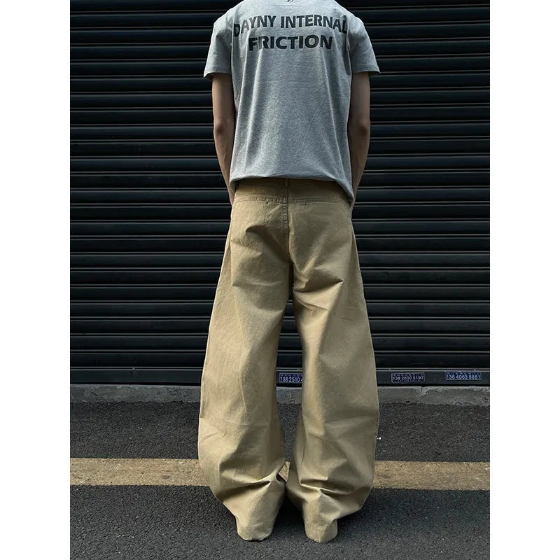 Men's khaki straight leg trousers in American retro style with solid colour cotton fabric
