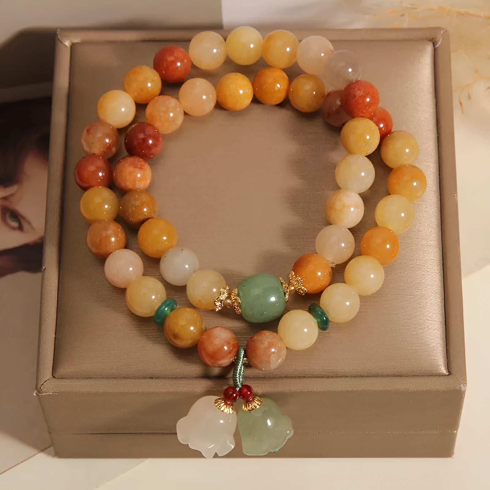 Natural jinsi jade multi-layer bracelet with orchid pendant for women