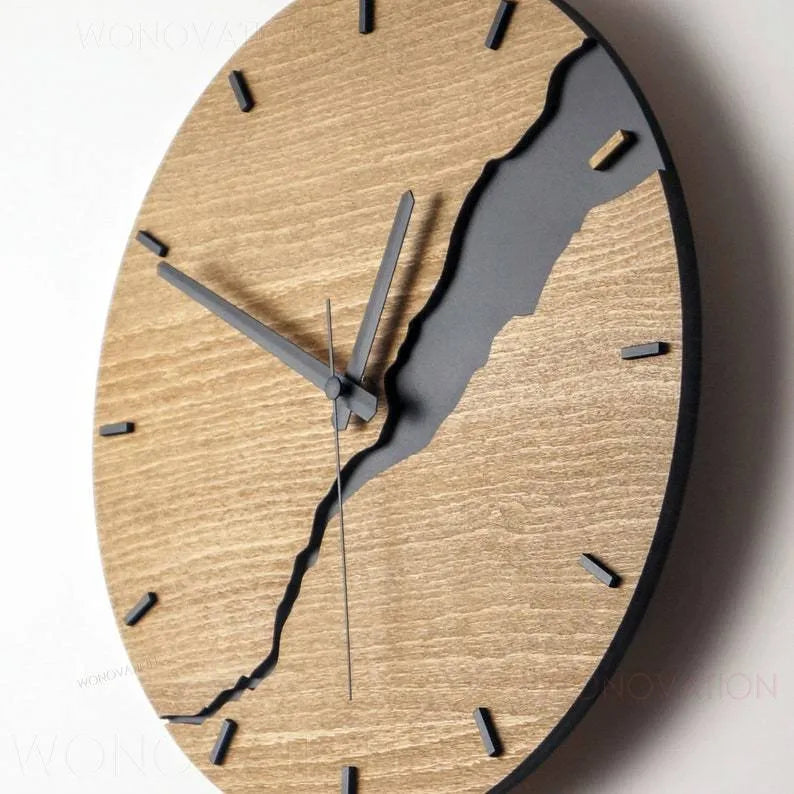 Modern wooden wall clock with a crackle-finish dial shown in one of five available colours.