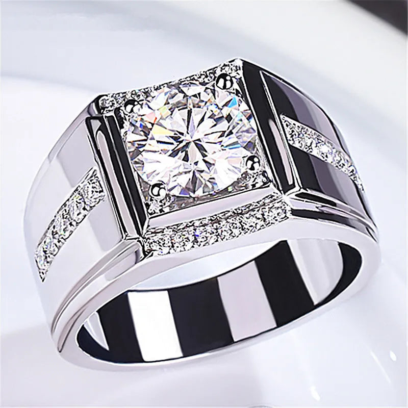 Men's geometric diamond zircon ring with adjustable open mouth in rose gold finish.