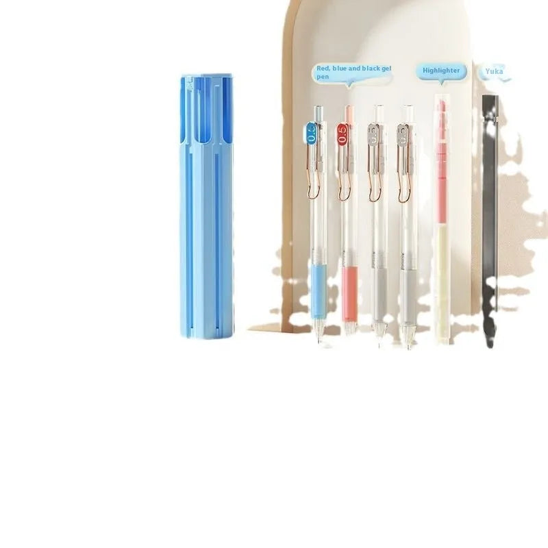Plastic six pen pressing pencil box kit in sky blue, white, or pink.