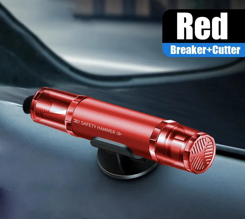 Black and red car emergency window breaker and seat belt cutter tool with mounting base.