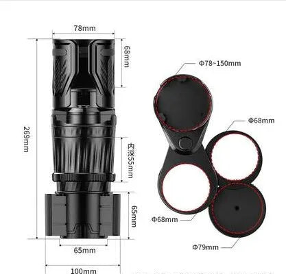Carbon fibre black adjustable car drink holder with retractable base showing size range.