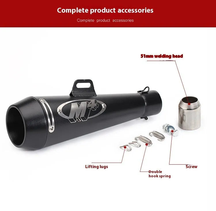 M4 universal motorcycle exhaust pipe in stainless steel with various finish options including black, titanium, and half blue.