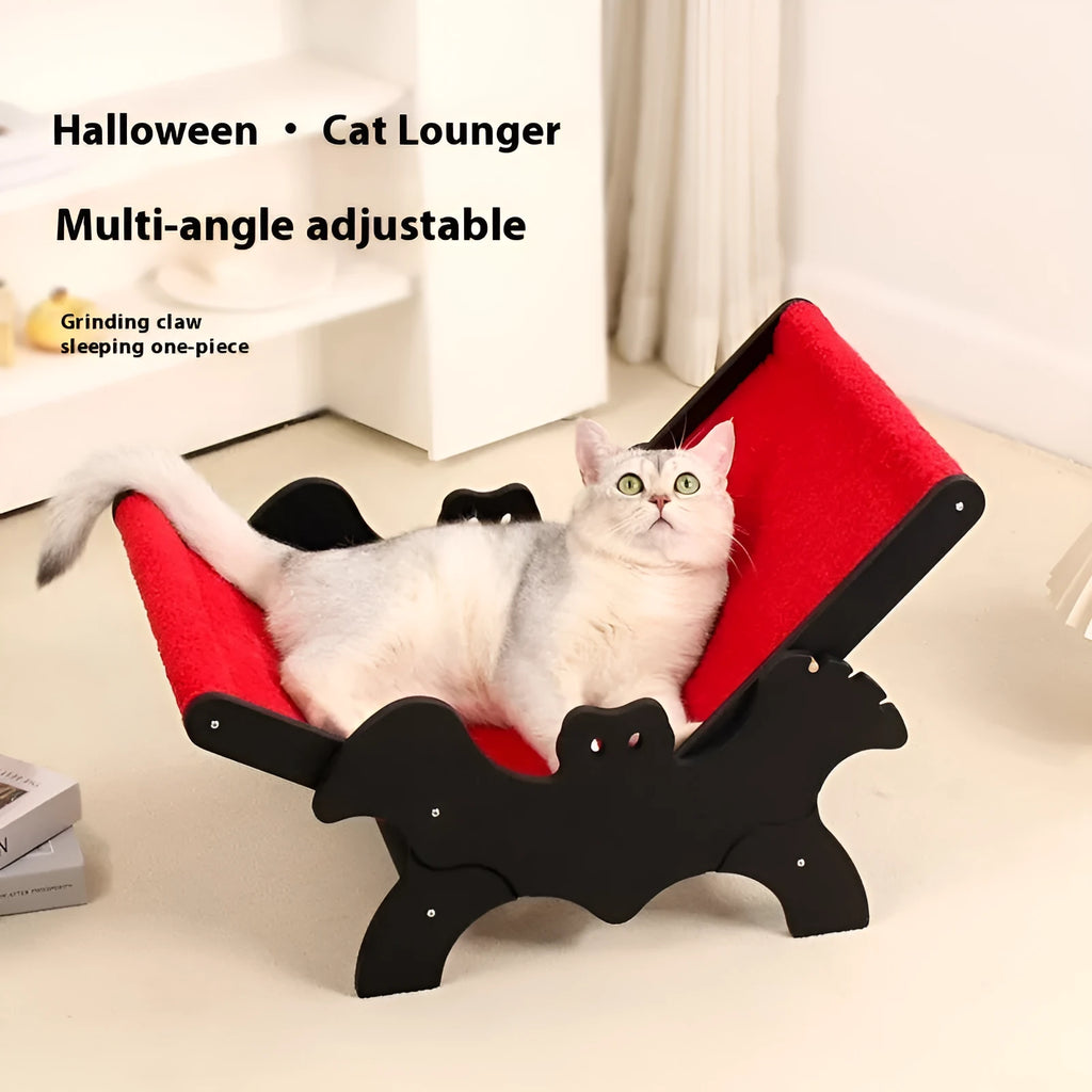 Black and red Halloween-themed wooden cat recliner bed with slatted frame.