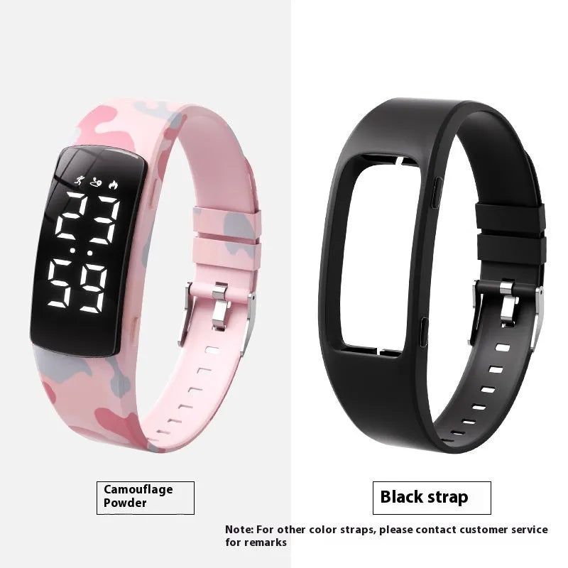 Smart electronic watch with LED display showing time, featuring vibration alarm and 50 metre waterproof rating with silicone strap