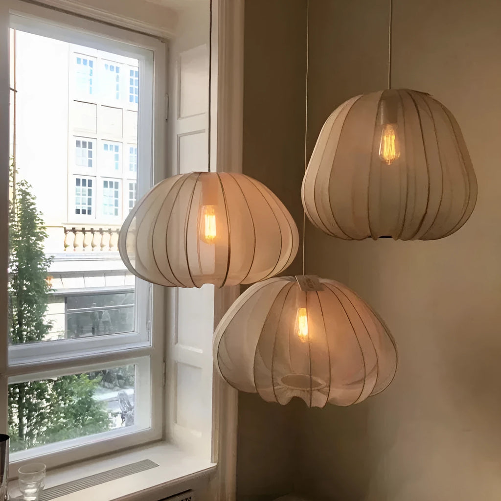 Japanese-style spherical ceiling lamp with an open iron branch design, hanging with a grey-blue finish and an LED light inside.
