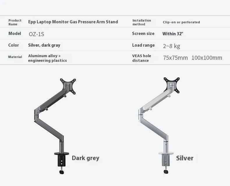 Silver aluminium laptop stand with adjustable air pressure arm bracket holding a MacBook notebook.