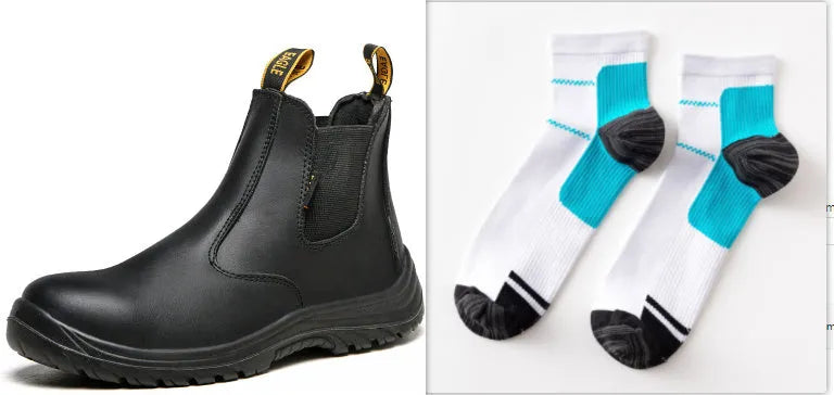 Black leather high-top safety boots with anti-piercing protection shown front and side views