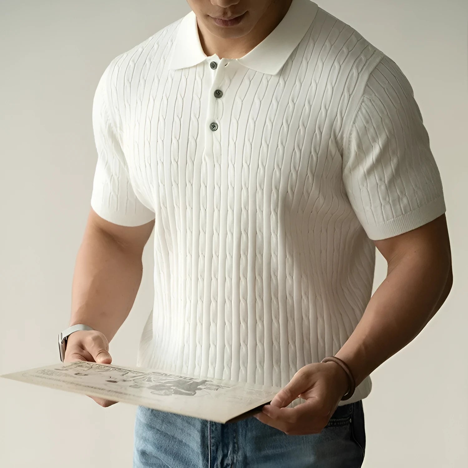 Men's short sleeve casual polo top in khaki colour, laid flat to show design.