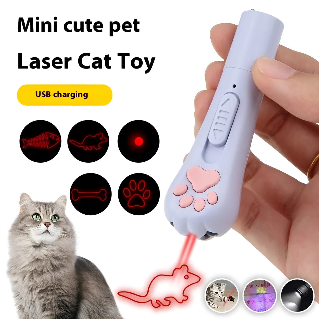 USB-rechargeable infrared laser cat toy wand in pink, projecting a cat footprints laser pattern on a floor.