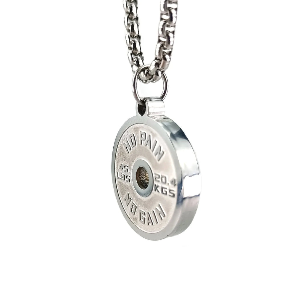 Stainless steel geometric barbell disk necklace on a 60cm chain, showing polished pendant detail.