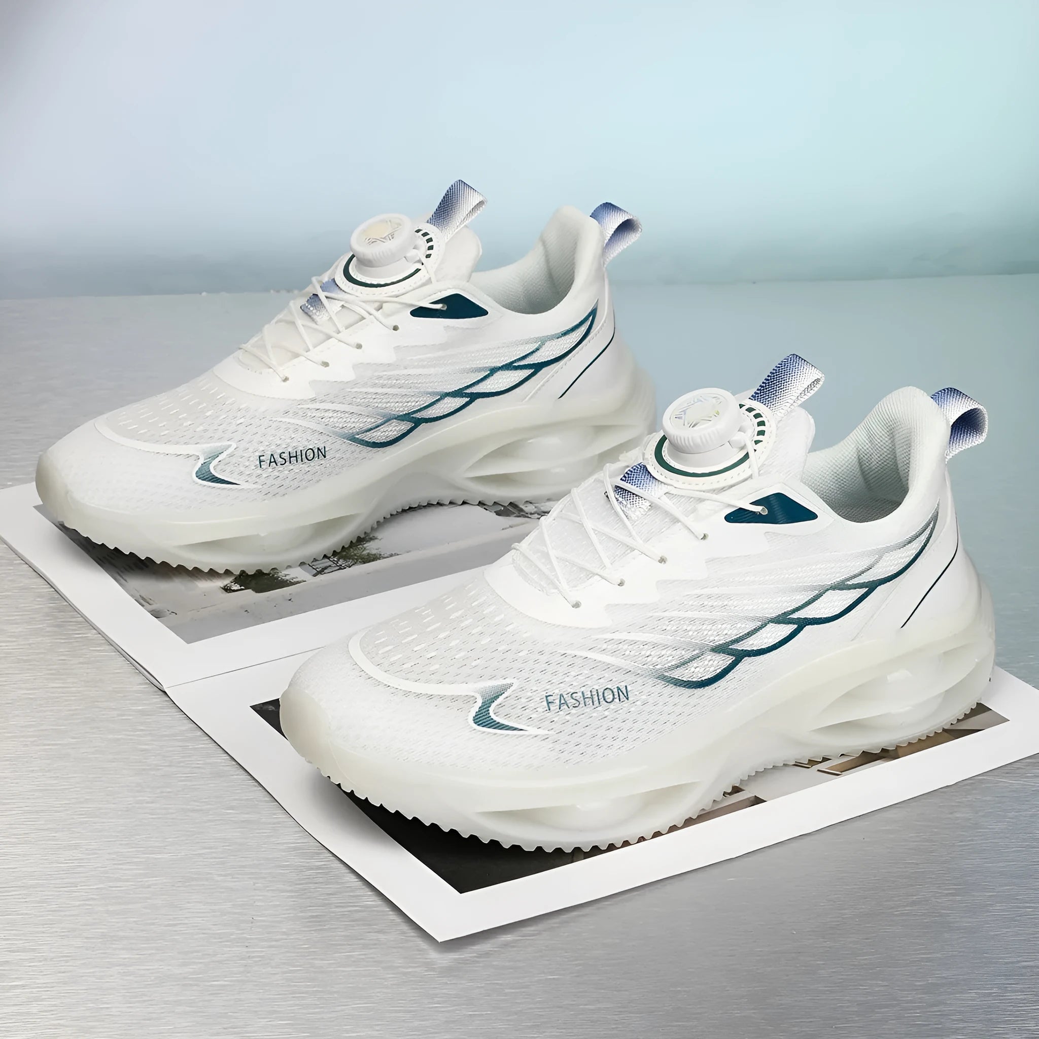 Breathable running shoes in sky blue with low-top design, round toe, and rubber sole