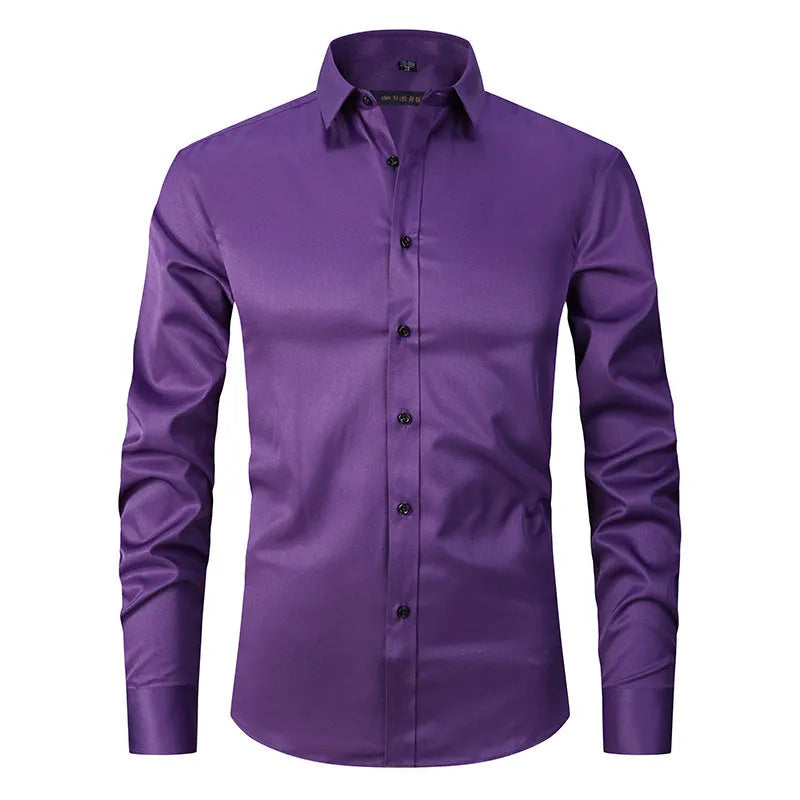 Men's stretch long sleeve work shirt in polyester fabric showing front view with size options