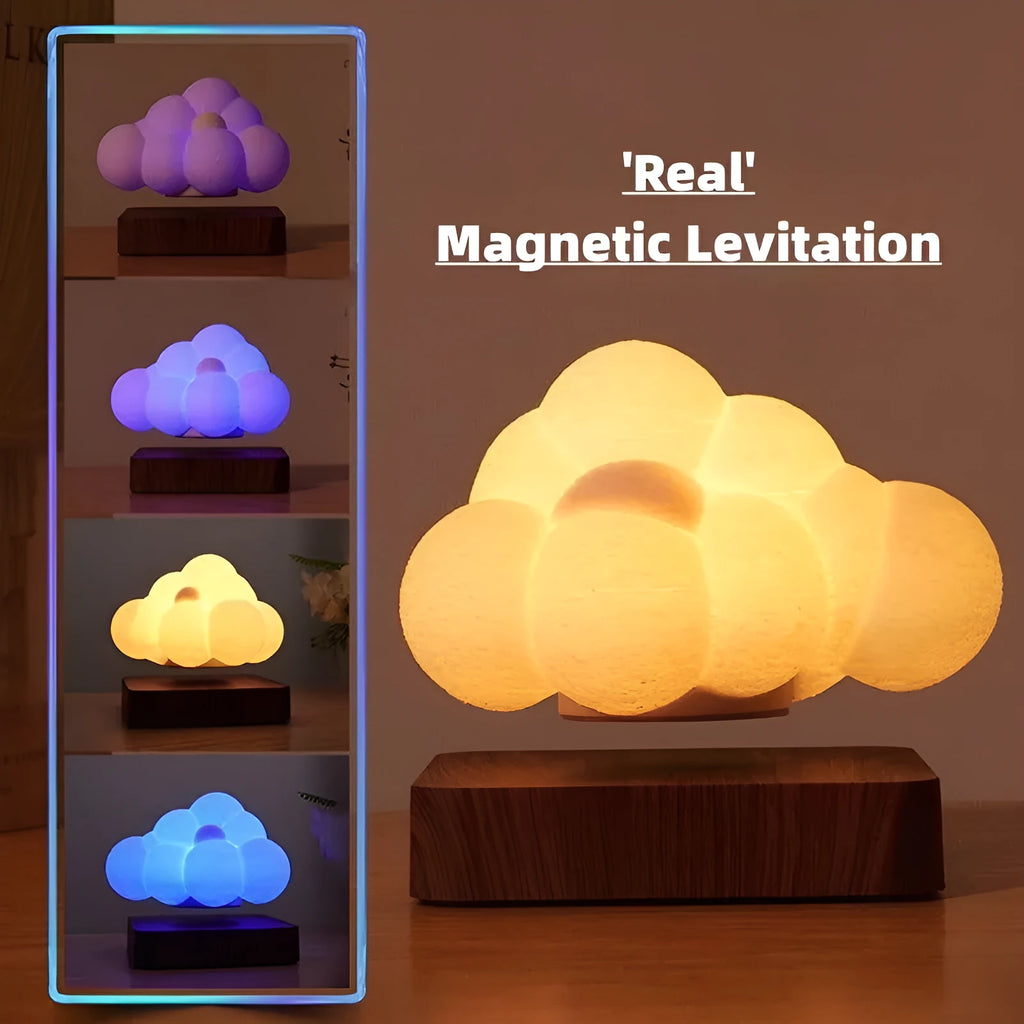 Magnetic levitation cloud lamp floating above base with warm white light, ABS flower-shaped lampshade