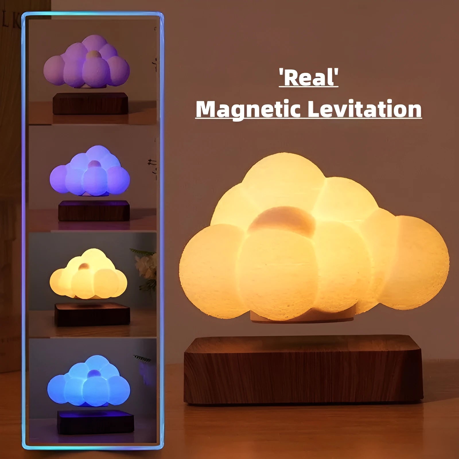 Magnetic levitation cloud lamp floating above base with warm white light, ABS flower-shaped lampshade