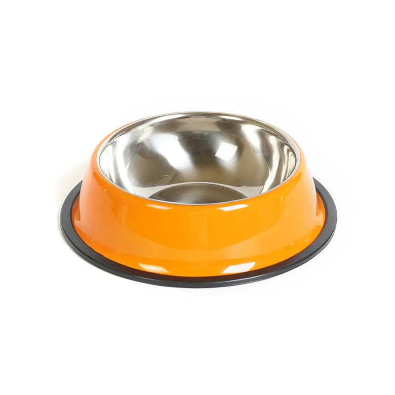 Stainless steel pet bowl with colourful melamine exterior and non-slip rubber base in multiple size options