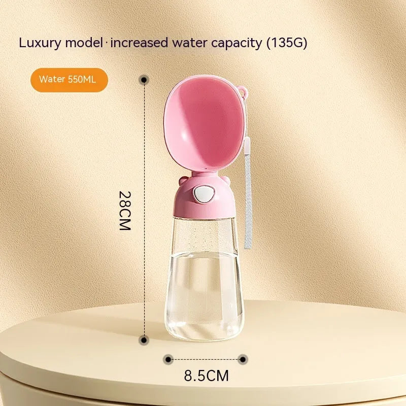 Portable plastic dog water bottle with an attached drinking bowl in yellow, pink, or brown.