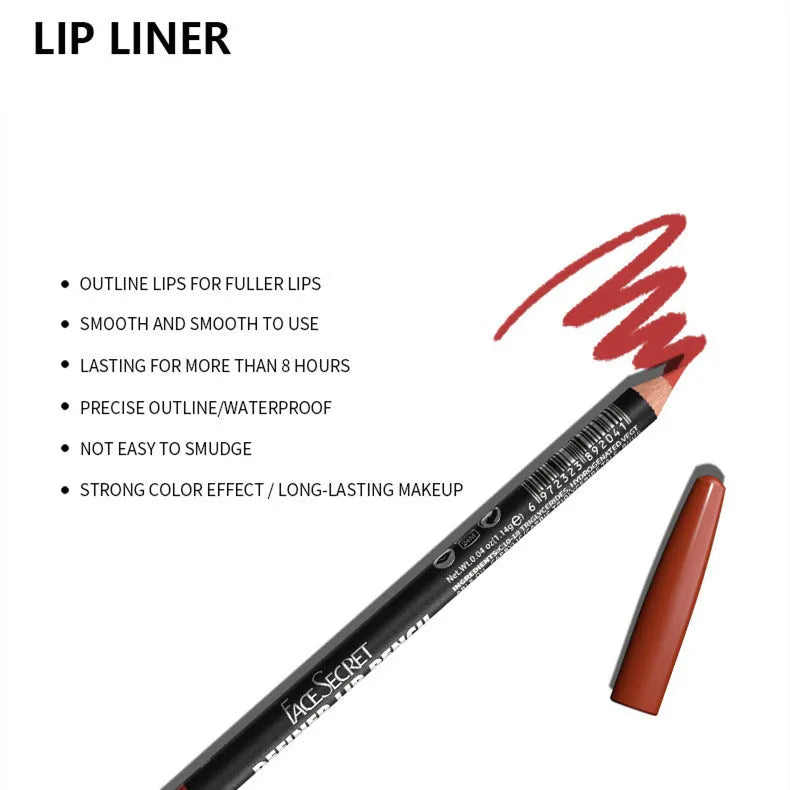 Lip liner pencil with matte finish in wood-toned shades showing 24-hour waterproof properties