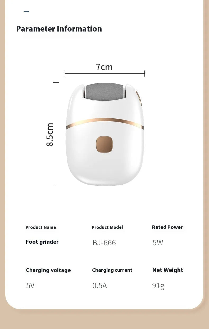 White electric foot grinder with ergonomic handle, debris suction port, and adjustable speed control on a table top