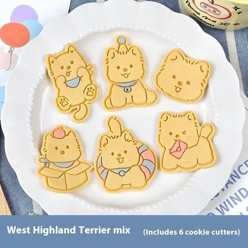 Three dimensional plastic puppy cartoon biscuit mould showing character designs