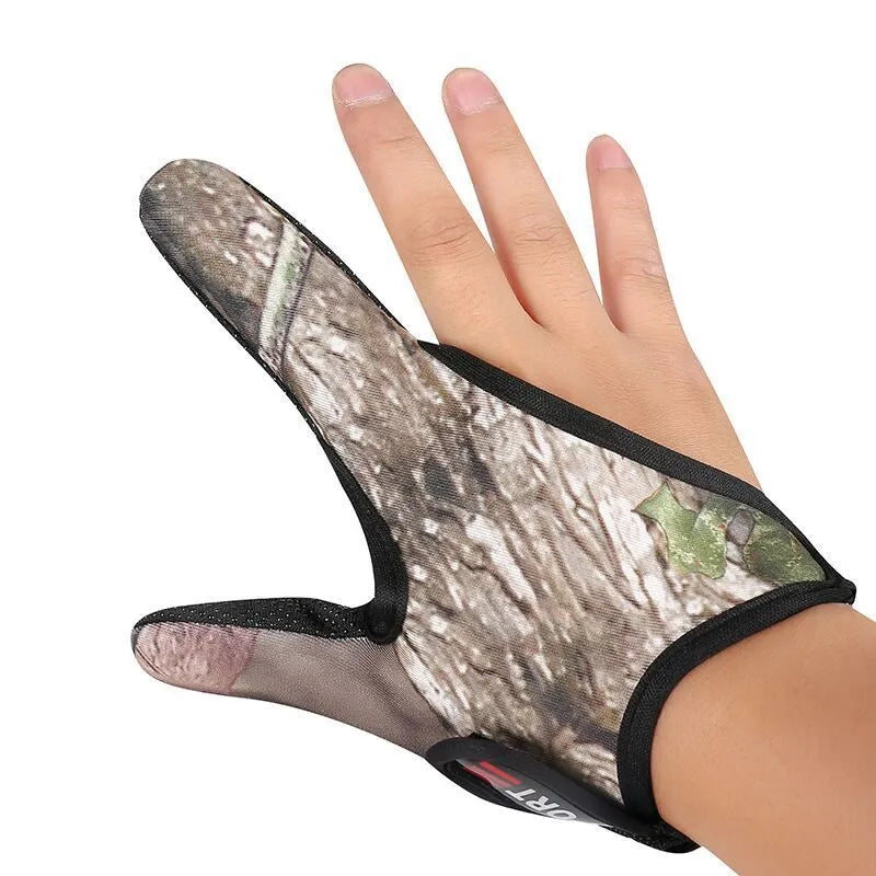 Single fishing glove showing two-finger design, microfiber palm, and diving cloth back.