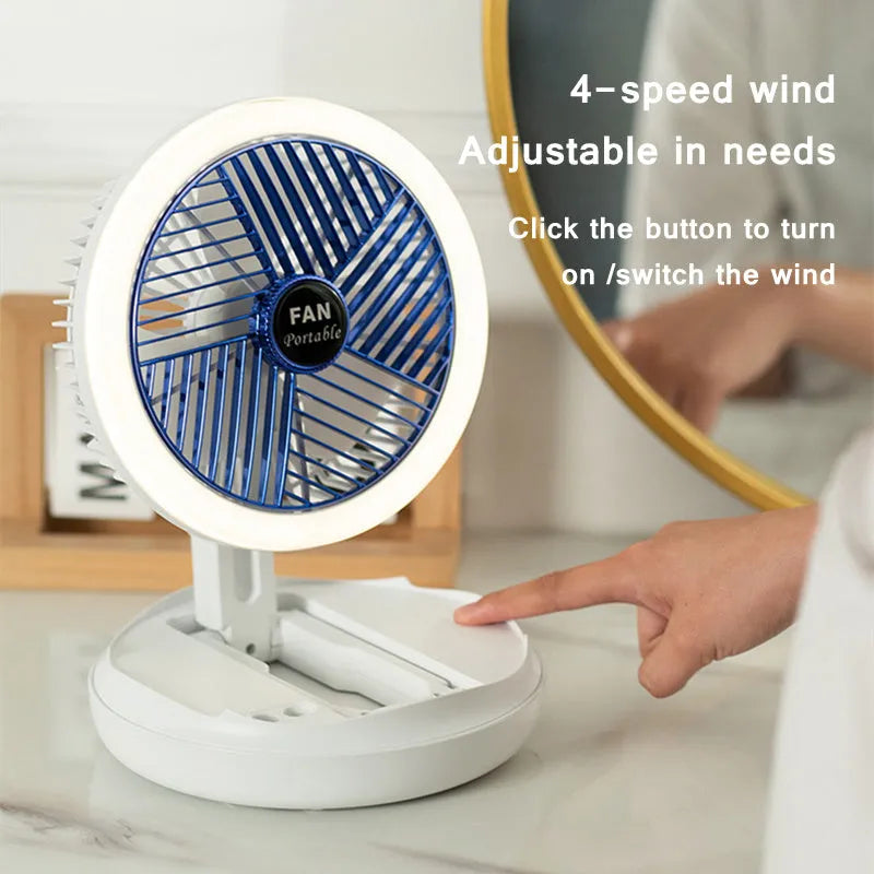 Blue foldable USB table fan with LED light showing wall mounting and desk placement options