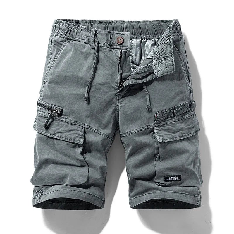 Men's cotton shorts with multiple pockets and a zipper in army green