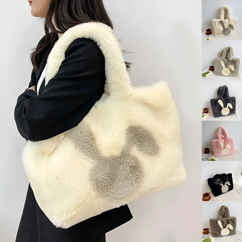 Women's plush tote bag with cartoon rabbit ears design in solid colour