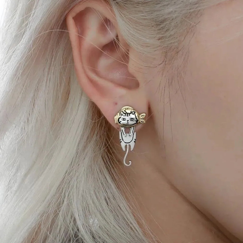 Graffiti cat earrings in copper with cute animal design, available as A pair or B style pair